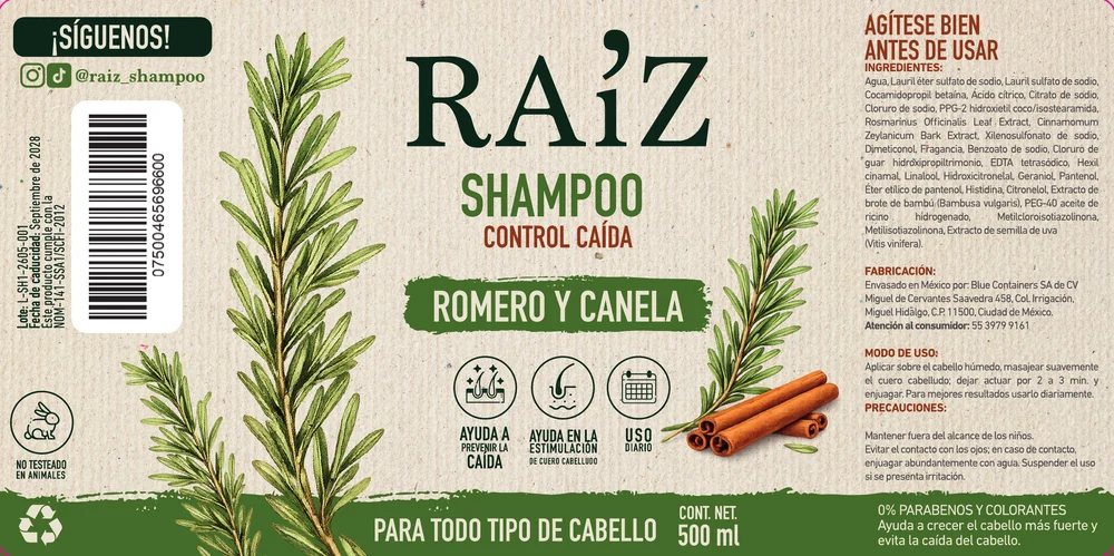 Etiqueta completa del shampoo RA’IZ Control Caída Romero y Canela