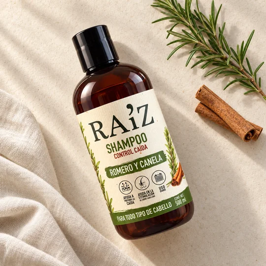 Shampoo RA’IZ con canela y romero sobre lino