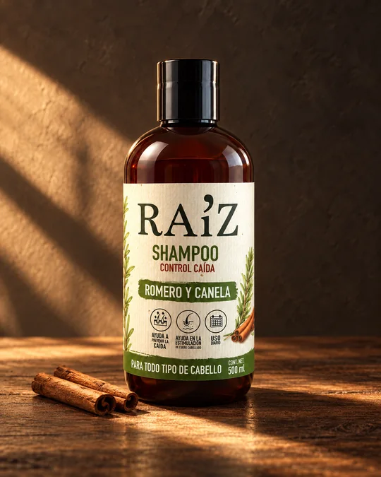 Shampoo RA’IZ sobre madera con luz de ventana